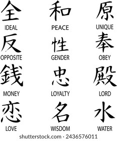 JAPANESE HIEROGLYPHS. IDEAL, UNIQUE WORLD, OPPOSITE, GENDER, OBEDIENCE, MONEY, LOYALTY, LORD, LOVE, WISDOM, WATER.