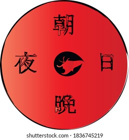 Japanese hieroglyphs in red circle, translation: morning, day, evening, night