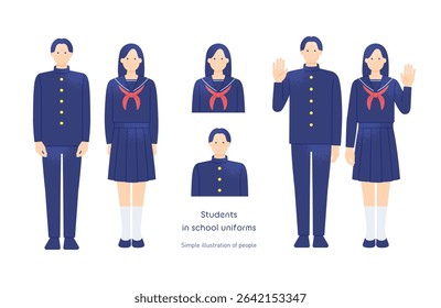 Japanese High School Boy and Girl in Uniform – Pose Set Vector Illustration
