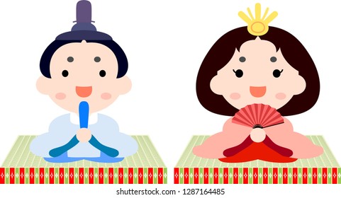 Japanese Hina dolls on tatami sheet