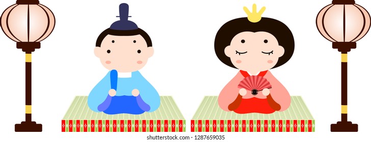 Japanese Hina dolls on tatami sheet with paper lantern