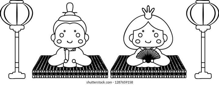 Japanese Hina dolls on tatami sheet with paper lantern outline