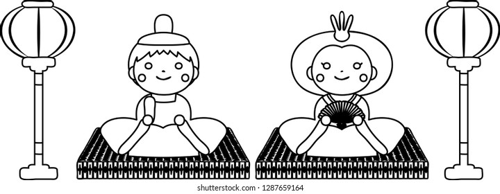 Japanese Hina dolls on tatami sheet with paper lantern outline