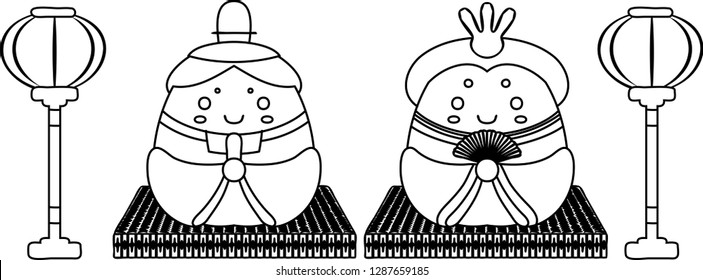 Japanese Hina dolls on tatami sheet with paper lantern outline