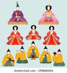 Japanese Hinamatsuri festival (Doll’s Day or Girls’ Day). Set of ornamental dolls. Vector illustration