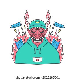 Japanese hip hop devil with cat on fire illustration. Vector graphics for t-shirt prints and other uses.