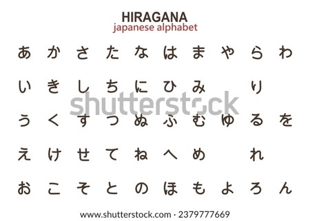 Japanese hiragana alphabet, alphabet for learning, letters, hieroglyphs. Illustration, vector