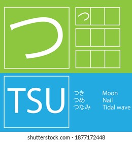 Japanese hiragana flash card character TSU with stroke and example words (tsuki: Moon, tsume: Nail, tsunami: Tidal wave)