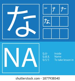 Japanese hiragana flash card character NA with stroke and example words (naka: Inside, namae: Name, narau: To take lesson in)