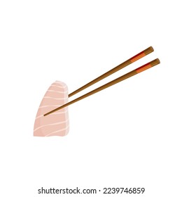 Japanese hirame sashimi. Chopsticks holding raw sliced fish. Traditional Asian food. Vector illustration in trendy flat style isolated on white background.