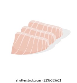 Hirame sashimi japonés. Pescado crudo. Piezas de cola amarilla. Cocina asiática tradicional. Ilustración vectorial en un estilo plano de moda aislado en el fondo blanco.