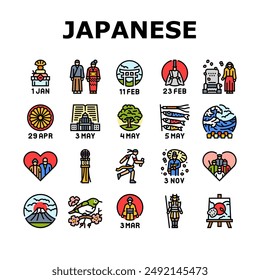 japanese holidays national asia icons set vector. happy traditional japanese, asian, seijin, foundation day, shunbun no hi japanese holidays national asia color line illustrations