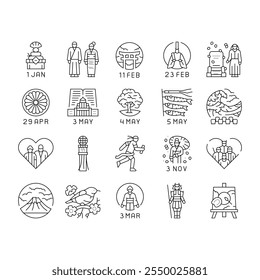 japanese holidays national asia icons set vector. happy traditional japanese, asian, seijin, foundation day, shunbun no hi japanese holidays national asia black contour illustrations