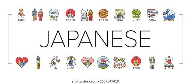 japanese holidays national asia icons set vector. happy traditional japanese, asian, seijin, foundation day, shunbun no hi japanese holidays national asia color line illustrations