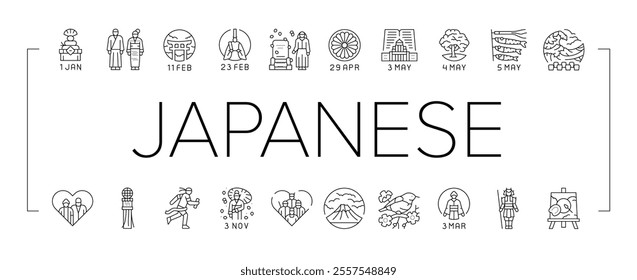 japanese holidays national asia icons set vector. happy traditional japanese, asian, seijin, foundation day, shunbun no hi japanese holidays national asia black contour illustrations