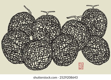 Japanese Honey Melon line pattern, simple fruit background on beige color, cute, funny and naive hand drawn illustration, good for wrapping paper, stationary, poster, textile, towel, bedding