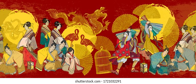 Japanese horizontal seamless pattern. Golden dragon, sun, samurai and geishas. Classical engraving art. Asian culture. Oriental art. Kabuki actors. Medieval ancient Japan background 