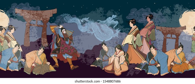 Japanese horizontal seamless pattern. Kabuki actors. Medieval Japan background. Dragon, samurai and geishas. Ancient illustration. Classical engraving art. Asian culture 