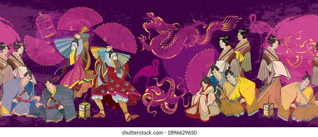 Japanese horizontal seamless pattern. Medieval ancient Japan background. Dragon, sun, samurai and geishas. Classical engraving art. Asian culture. Oriental art. Kabuki actors 