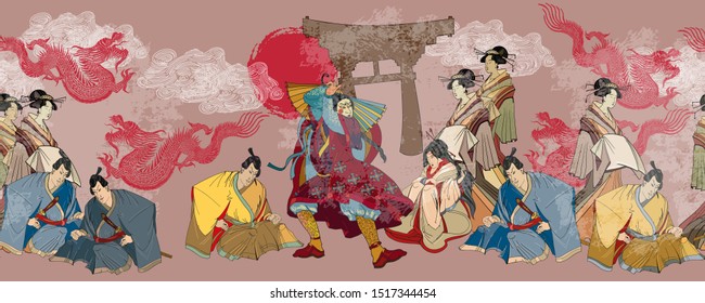 Japanese horizontal seamless pattern. Samurai, gragons and geishas. Ancient illustration. Classical engraving art. Asian culture. Kabuki actors. Medieval Japan background 