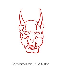 Máscara de demonio Oni con cuernos japoneses. Vector, dibujo a mano, tinta, caligrafía, dibujo, rojo sobre blanco. Mitos, monstruos, horror, camisetas impresas, Halloween. Eps10