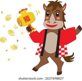 Japanese Horse cartoon character hoiding a mallet of luck for New Year sale and lottery.