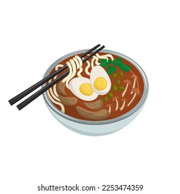 Japanese hot soup - ramen. Traditional Asian cuisine. Rich broth with noodles, eggs, mushrooms and pieces of meat. Vector illustration. Cartoon.
