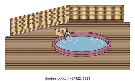 Japanese hot spring ceramic bath in a guest room with an open-air bath. Simple Illustration Vector