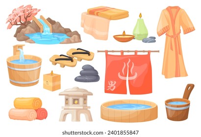 Japanese hot spring. Onsen lifestyle spa sauna elements japan winter resort nature hot-spring, outdoors hot pool and open air wood bath in curtain, vector illustration of sauna healthy vacation