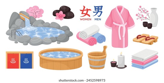 Japanese hot spring Onsen sauna and spa cartoon set isometric vector illustration. Traditional outdoor water pool wash ceremony with stone candles kimono Sakura Yukata towels tea and sandals