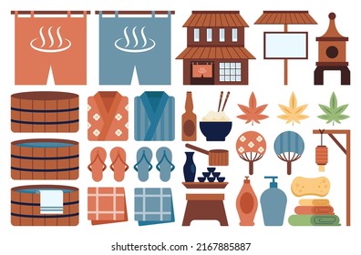 Japanese hot spring or onsen set. Objects for a relaxation in a natural hot spring. Traditional bathing elements, sauna bucket, towel, curtain, robe. Flat vector illustration