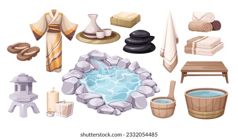 Ilustración vectorial de la fuente caliente japonesa. Viñeta aislada sauna y colección de spa onsen con barril y toallas de madera, piscina de agua al aire libre con piedras y linterna de piedra, yukata y sandalias