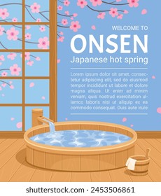 Fuente termal japonesa Onsen cartel de bienvenida Plantilla Ilustración vectorial de fondo Sakura. Spa tradicional asiático relajante sauna termal piscina de madera con publicidad interior de la sala de dibujos animados