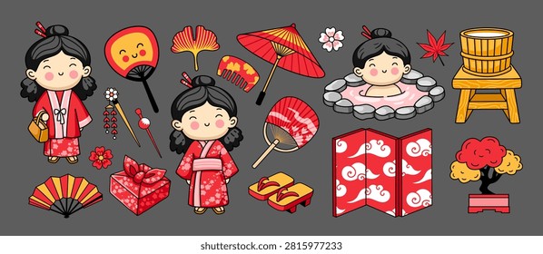 Japanese hot springs set of vector illustration. Onsen and ryokan. Traditional culture of Japan. Japanese girl wearing yukata. Cartoon characters and vector design elements.