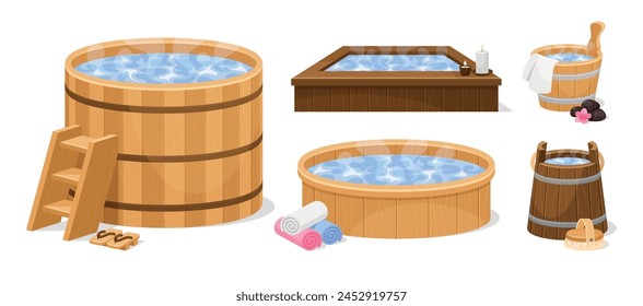 Japanese hot wooden bath Onsen containers with water sandals candles set isometric vector illustration. Traditional Asian pool spa therapy relaxing hygiene bathtub bucket and ladle with towels