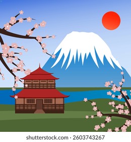 Japanese house against the background of mountains and sea. Blooming sakura. Japanese landscape. Mountain peaks and blue sky. Sunny weather. Eastern culture. Vector illustration