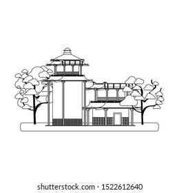Japanese house with blossom trees over white background, vector illustration