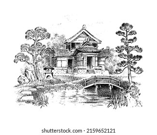 Casa japonesa con estanque y jardín. Arquitectura asiática. Enmarcado de madera. El paisaje vectorial. Esbozo de tinta de la calle. Ilustración vintage dibujada a mano para libro, emblema o impresión. Ciudad medieval