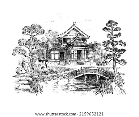 Japanese house with pond and garden. Asian architecture. Timber framing. Vector landscape. Ink sketch of the street. Hand drawn vintage illustration for book, emblem or print. Medieval town