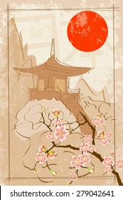 Japanese house and sakura on the background mountains and sun