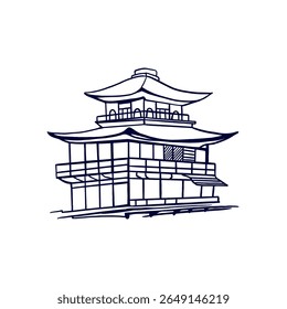 Japanese house. Silhouette of the building also in Chinese style. Hand drawn vector illustration. For travel postcards, invitations, banners, posters, booklets.