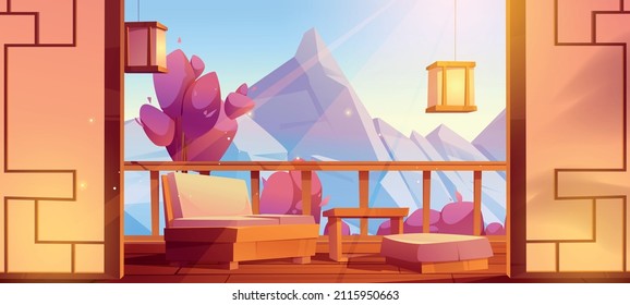 Japanese house terrace, wooden balcony with table, couch and view to mountains and sakura trees. Vector cartoon illustration of veranda with fence, asian lanterns and paper walls