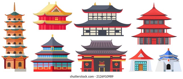 Japanese house vector illustration. Asian traditional architecture of buildings setbisolated on white. Country national symbol for travel. Travel Chinese vector poster with japanese famous landmark