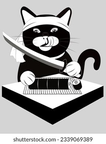 Japanese hungry black cat cutting rolled sushi with Katana. Vector samurai cat with katana for design