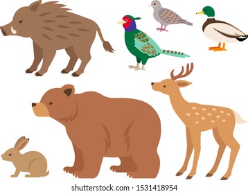 Japanese hunting birds and beasts full body illustration set