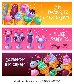 Japanese ice cream parfait frozen dessert waffle cones with pistache balls 3 horizontal banners isolated vector illustration 