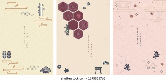 Japanese icon with Asian traditional background vector. Oriental template with bamboo, cherry blossom flower and wave elements. 