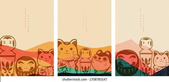 Japanese icon with landscape background vector. Beckoning cat, Charming dog doll and Japanese wooden doll elements.