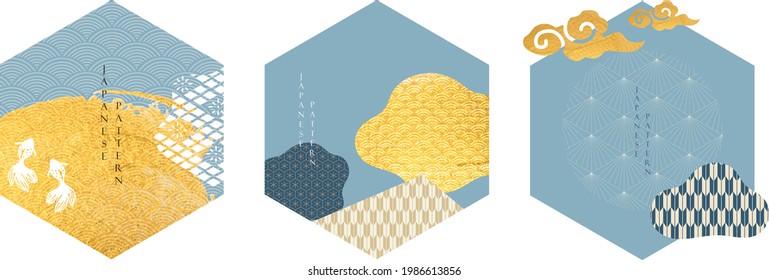 Icono y logotipo japonés con vector de patrones geométricos. Fondo asiático abstracto con textura dorada en estilo vintage.