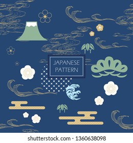 Japanese icon pattern design. Mountain, Cherry blossom, Hand drawn wave, Pine tree, Bamboo elements vector. Blue nature symbol template.
